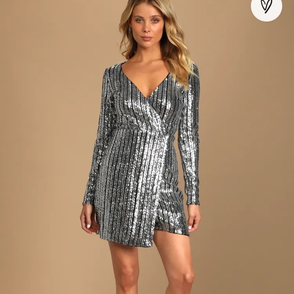 Lulus Party Starts Now Silver Sequin Long Sleeve Tulip Mini Dress